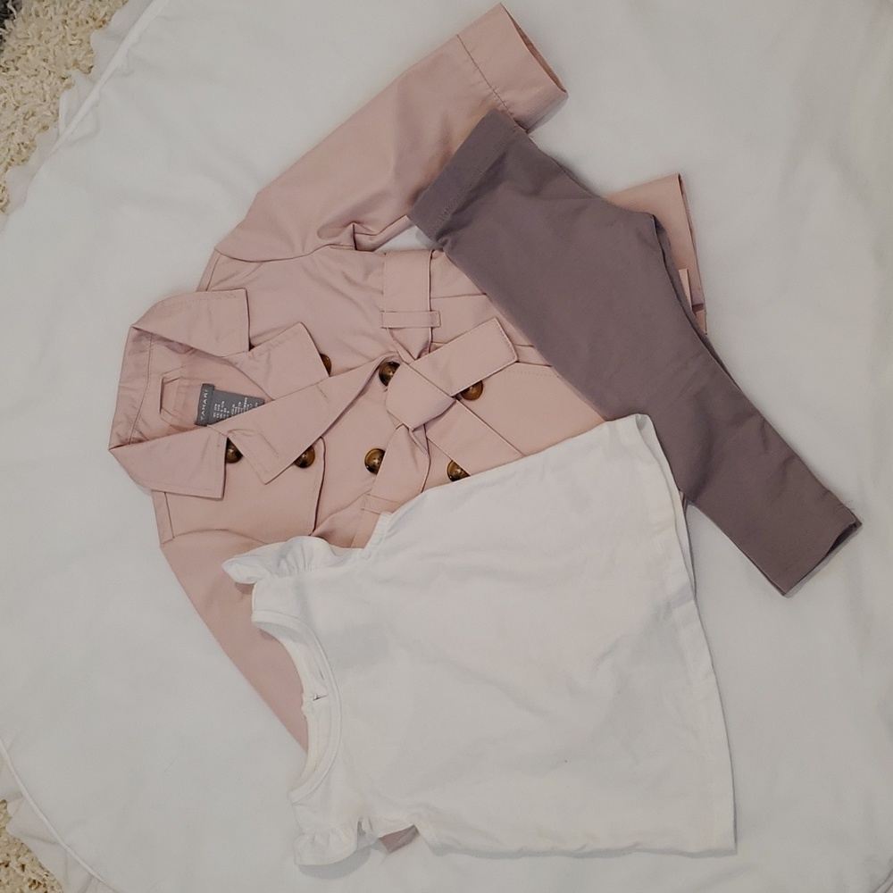 Tahari Girls Pink Trench Coat Outfit with White Top and Mauve Leggings